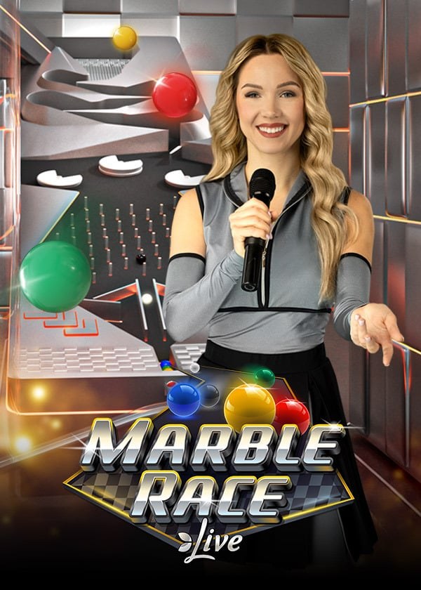 Marble Race, Evolution live game show: Six coloured marbles race a physical track — bet on 1st (4.75:1) or exact 1st &…