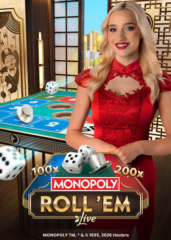 Monopoly Roll 'em, Evolution live dice & ball game: Two dice move the top hat around a 12-square MONOPOLY board; houses…