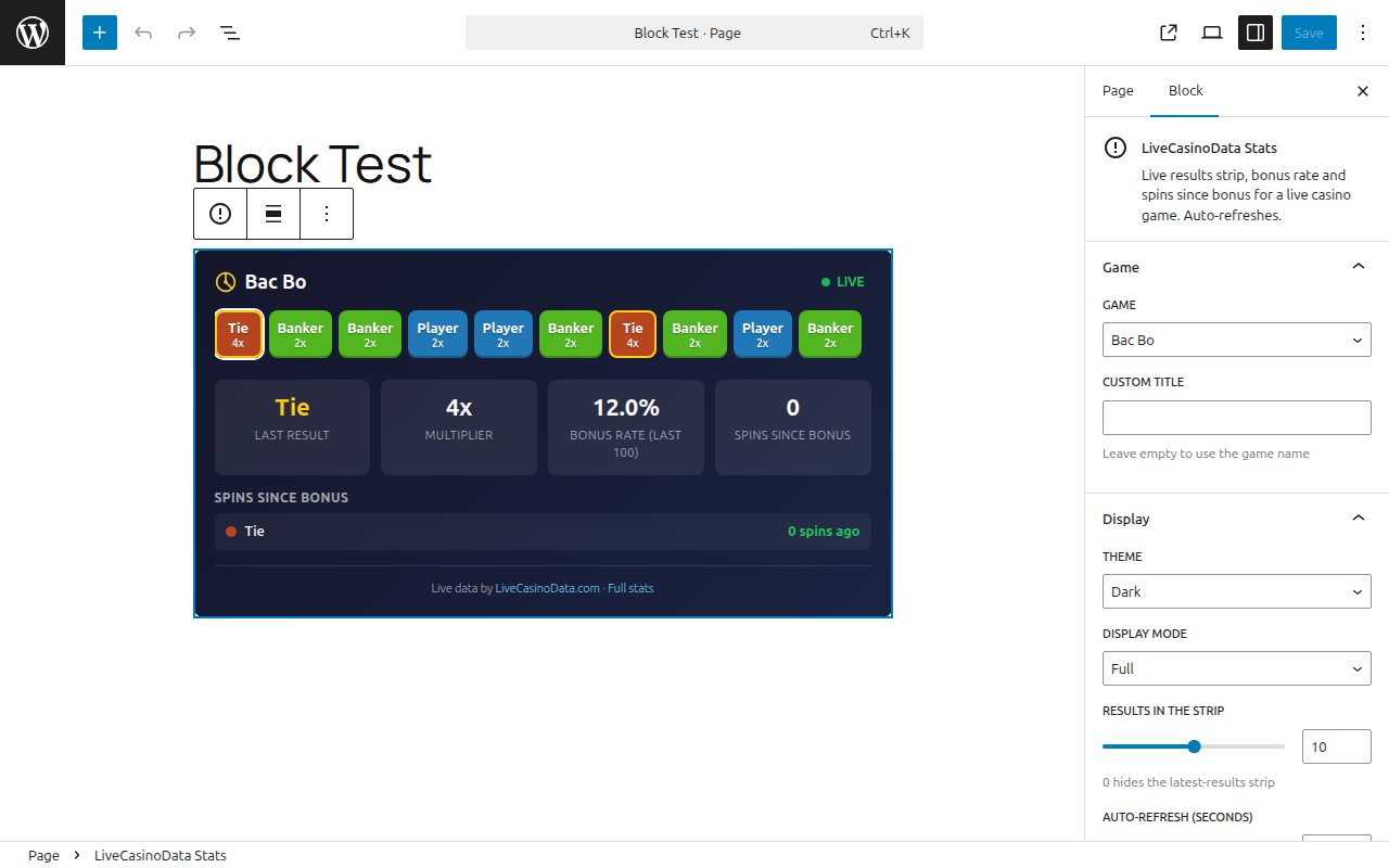 Gutenberg block with live preview and settings